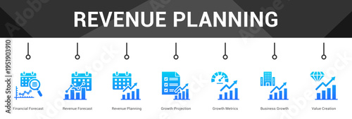 Revenue Planning  Modern and clean web banner illustration vector featuring thematic icons