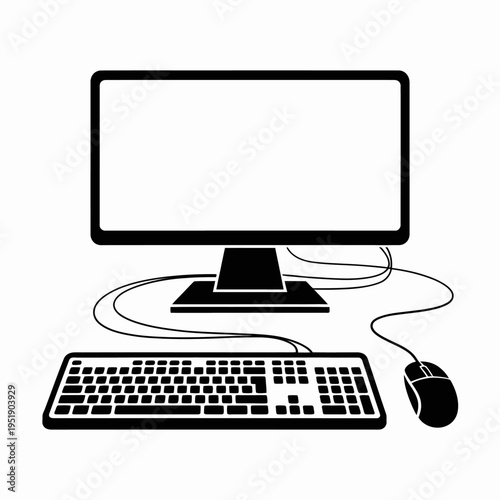 A minimalist silhouette of a computer setup featuring a monitor, keyboard, and mouse