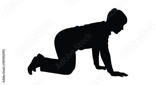 A striking black silhouette depicts a young person crawling forward on all fours suggesting movement and exploration high quality