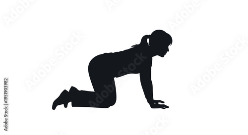 A stark silhouette depicts a woman in a dynamic crawling pose against a clean white background emphasizing form