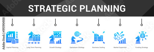 Strategic Planning  Modern and clean web banner illustration vector featuring thematic icons
