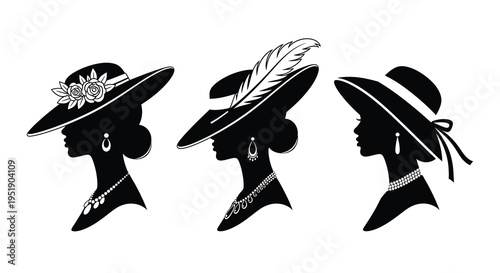 Elegant black and white silhouettes depict three women in vintage hats and jewelry showcasing classic style high quality professional detailed modern