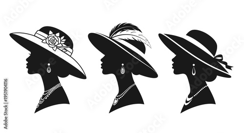 Elegant silhouettes of three women wearing ornate hats and jewelry presented in a classic black and white style high quality professional