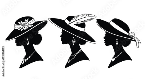 A striking black and white illustration depicts three elegant women in profile each adorned with a different vintage hat high quality