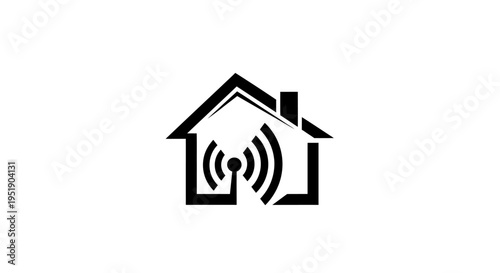 Smart Home Wi-Fi House Icon with Wireless Signal Waves on Isolated White Background