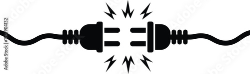 Black electric plugs with thick wavy cords connect displaying dynamic lightning bolts