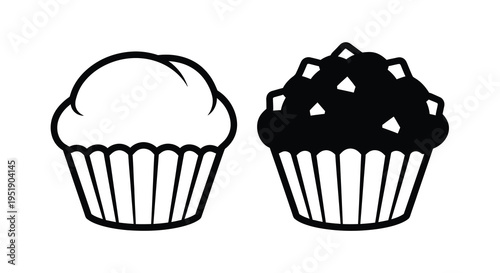 A simple black and white illustration depicting two different cupcakes side by side one plain and one with sprinkles high quality