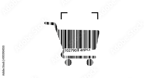Shopping cart with barcode scanning icon, online retail and modern e-commerce concept, isolated white background.