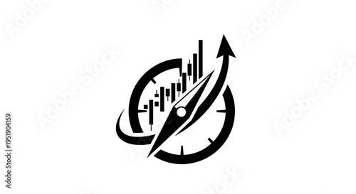 Financial compass with growth chart and upward arrow, strategic business direction and market investment concept, isolated white background.