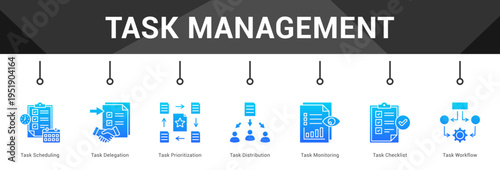 Task Management  Modern and clean web banner illustration vector featuring thematic icons