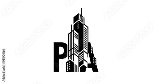 PBA letter logo integrated with modern skyscraper buildings, real estate and architecture concept, isolated white background.