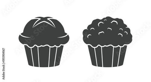 A simple black and white illustration depicts two distinct muffins one with a crosshatch pattern and the other covered in blueberries