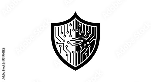 Cyber Security Shield Logo with Circuit Board Pattern on Isolated White Background