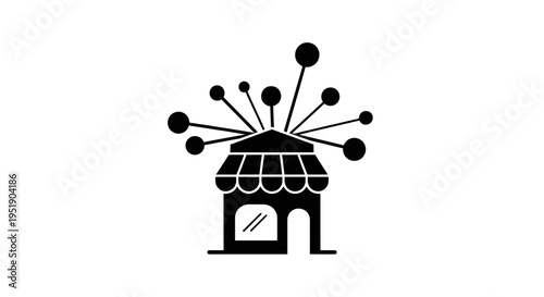 Online shop storefront with radiating connection lines, bustling e-commerce and retail network concept, isolated white background.