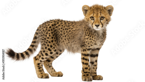 Foto Adorable young cheetah cub, spotted fur and distinctive tear marks, standing and