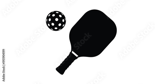 A simple black silhouette depicts a paddle and a spotted ball representing the sport of pickleball high quality professional