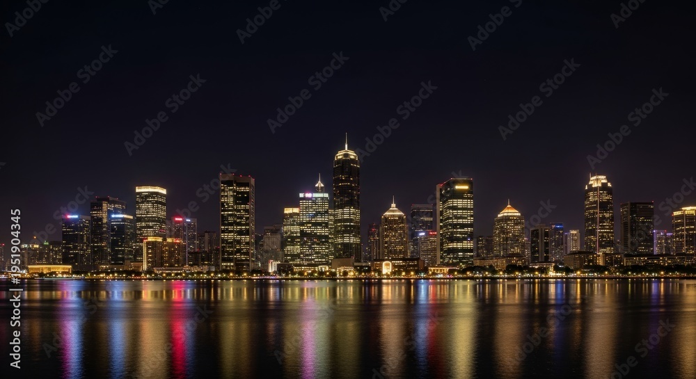 Obraz premium Modern city skyline reflecting on calm river at night
