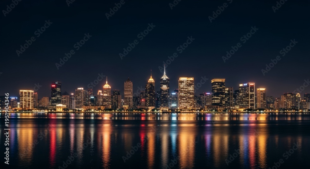 Fototapeta premium Modern city skyline at night reflecting on tranquil water