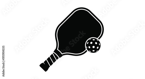 A minimalist black and white illustration depicts a pickleball paddle and ball showcasing equipment for the popular sport high quality professional
