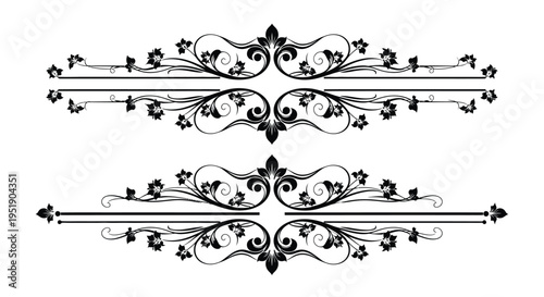 An elegant symmetrical black floral ornament featuring swirling vines leaves and decorative lines ideal for borders high quality professional