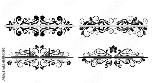 An assortment of four ornate symmetrical black floral dividers or separators perfect for design embellishments high quality professional detailed