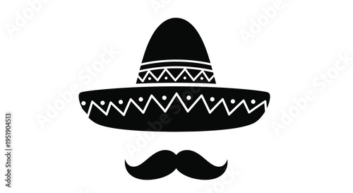 A simple black and white illustration depicts a traditional mexican sombrero hat and a stylized mustache high quality professional