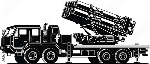 Military Rocket Launcher Truck Silhouette Vector Illustration for Defense Warfare Artillery Army Weapon Heavy Vehicle Combat Security and Missile Launch System Concept