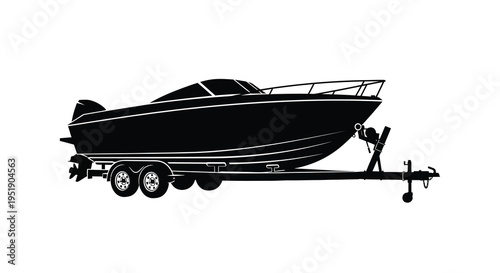 A stark black silhouette depicts a speedboat resting on a trailer ready for transport or storage high quality professional
