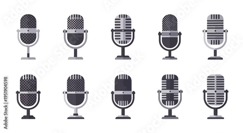 Vintage Microphones Variety Collection for Sound Recording and Public Speaking Applications Promoting High Quality Audio Technology and Performance Excellence in Communication Equipment for