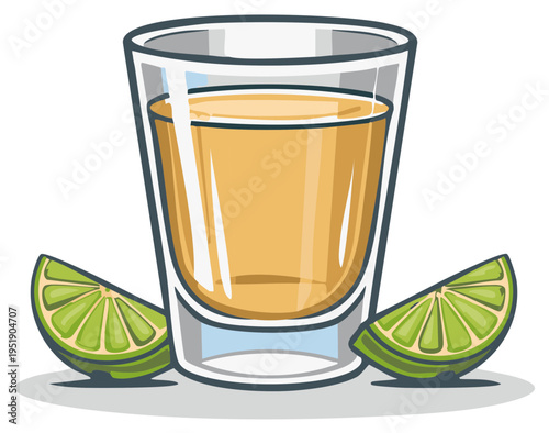 Tequila shot glass with lime wedges, vector illustration.