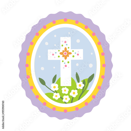Easter Cross Floral Egg Frame Pastel Religious Spring Illustration With Flowers Oval Ornament Christian Symbol Vector Isolated On White Background