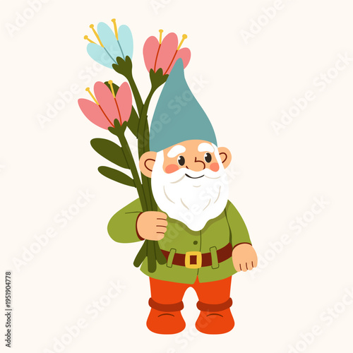 Garden Gnome With Flowers Illustration Cute Spring Character Holding Bouquet Bearded Dwarf In Hat Floral Nature Scene Vector Isolated On White Background