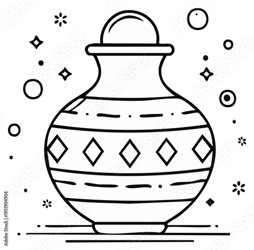 Simple black and white illustration of a decorated pot with decorative elements and sparkles
