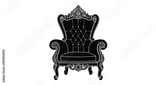 An ornate black and white illustration depicts a regal armchair with detailed carvings and a tufted back high quality professional modern