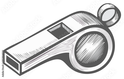 Illustration of a sports whistle with a graphic engraving effect, isolated on a white background.