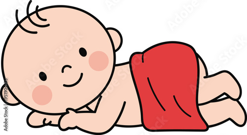 Cute Baby Cartoon Vector Illustration Lying Down Covered with Red Towel for Newborn Care Nursery Design Parenting Healthcare and Infant Growth Concept