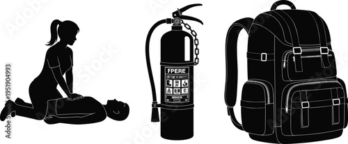 Emergency Preparedness Silhouette Vector Set Featuring First Aid CPR Rescue Fire Extinguisher and Travel Backpack for Safety Security Life Saving and Adventure Concept
