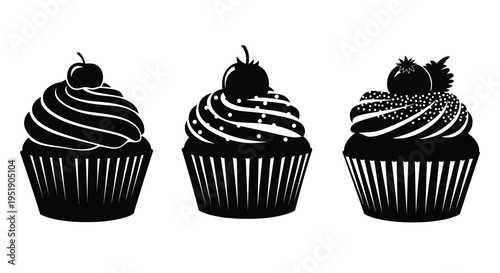 A monochrome illustration presents three distinct cupcakes each adorned with unique frosting and fruit toppings high quality professional detailed