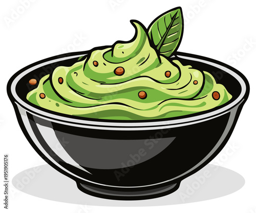 Fresh guacamole dip in black bowl with garnish, cartoon illustration
