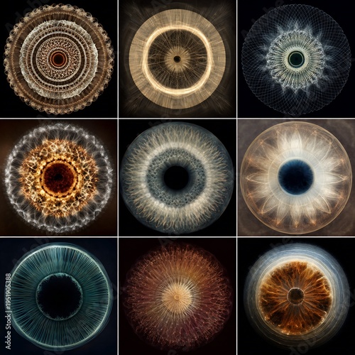 Nine abstract, circular, detailed eye-like structures against dark backgrounds