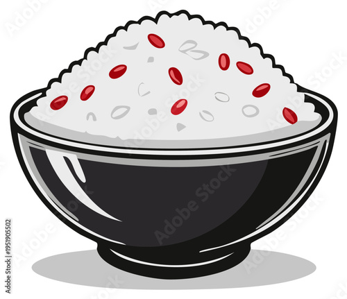 Illustration of white rice in a black bowl with red berries, healthy eating concept for Adobe Stock