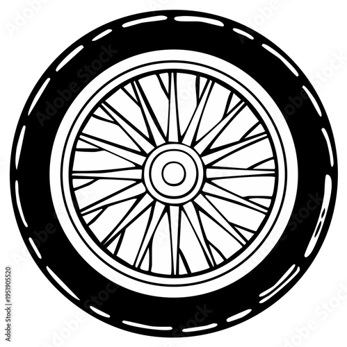 Line Art Drawing of a Spoked Motorcycle Wheel with Tire