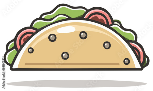 Cartoon taco with lettuce tomato and cheese illustration isolated on white background