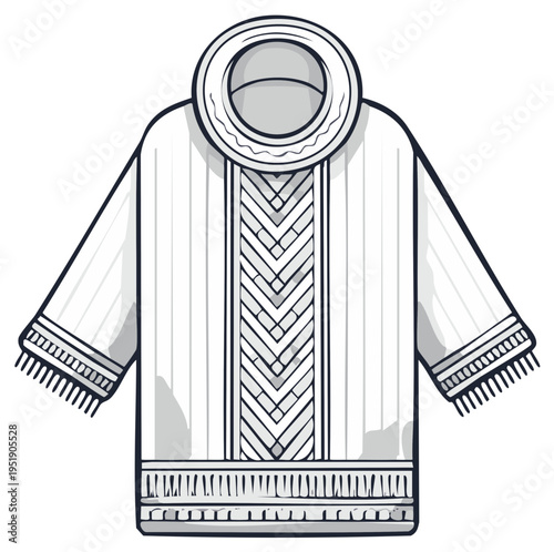 Stylized poncho illustration with linear detailing and fringe accents for textile design. Contemporary tribal style with symmetrical pattern and textured edges.