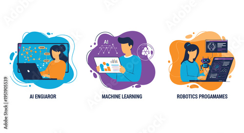 Set of 3 technology icons vector, AI engineer, machine learning, robotics programmes