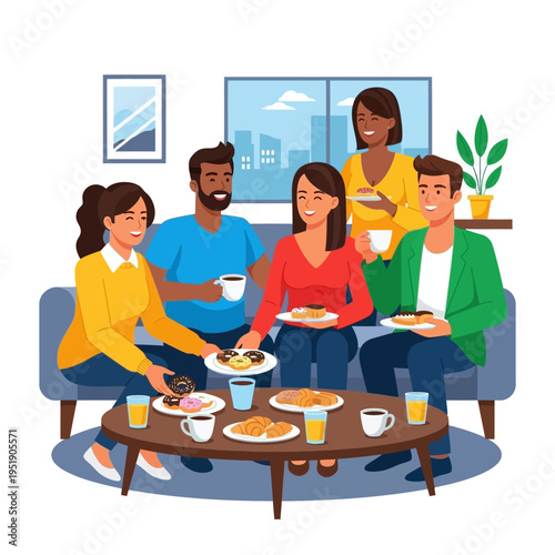 Friends Sitting on Sofa Eating.