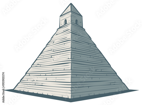 Ancient stepped pyramid structure with tower against a white background