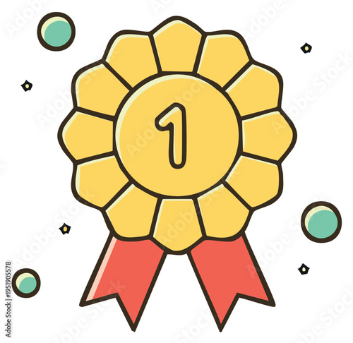 Illustration of a gold medal with a red ribbon and the number 1 in the center, surrounded by festive confetti