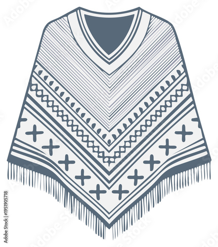 Boho Geometric Patterned Fringe Poncho Textile Design Sketch