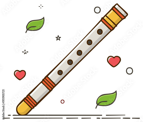 Traditional Wooden Flute With Hearts and Leaves Vector Illustration